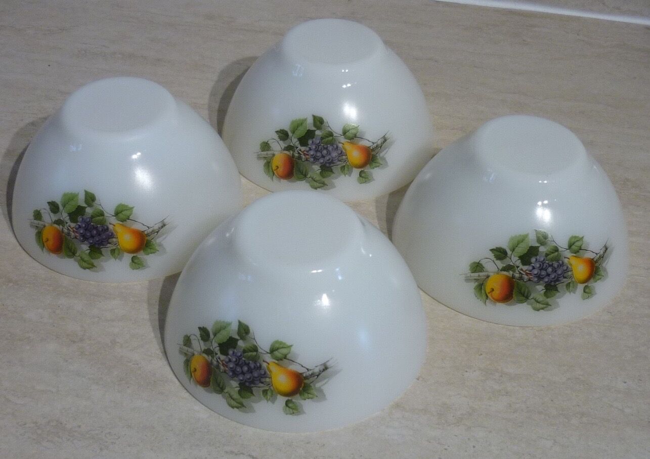 White glass Arcopal bowls with vintage fruit décor