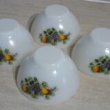 White glass Arcopal bowls with vintage fruit décor