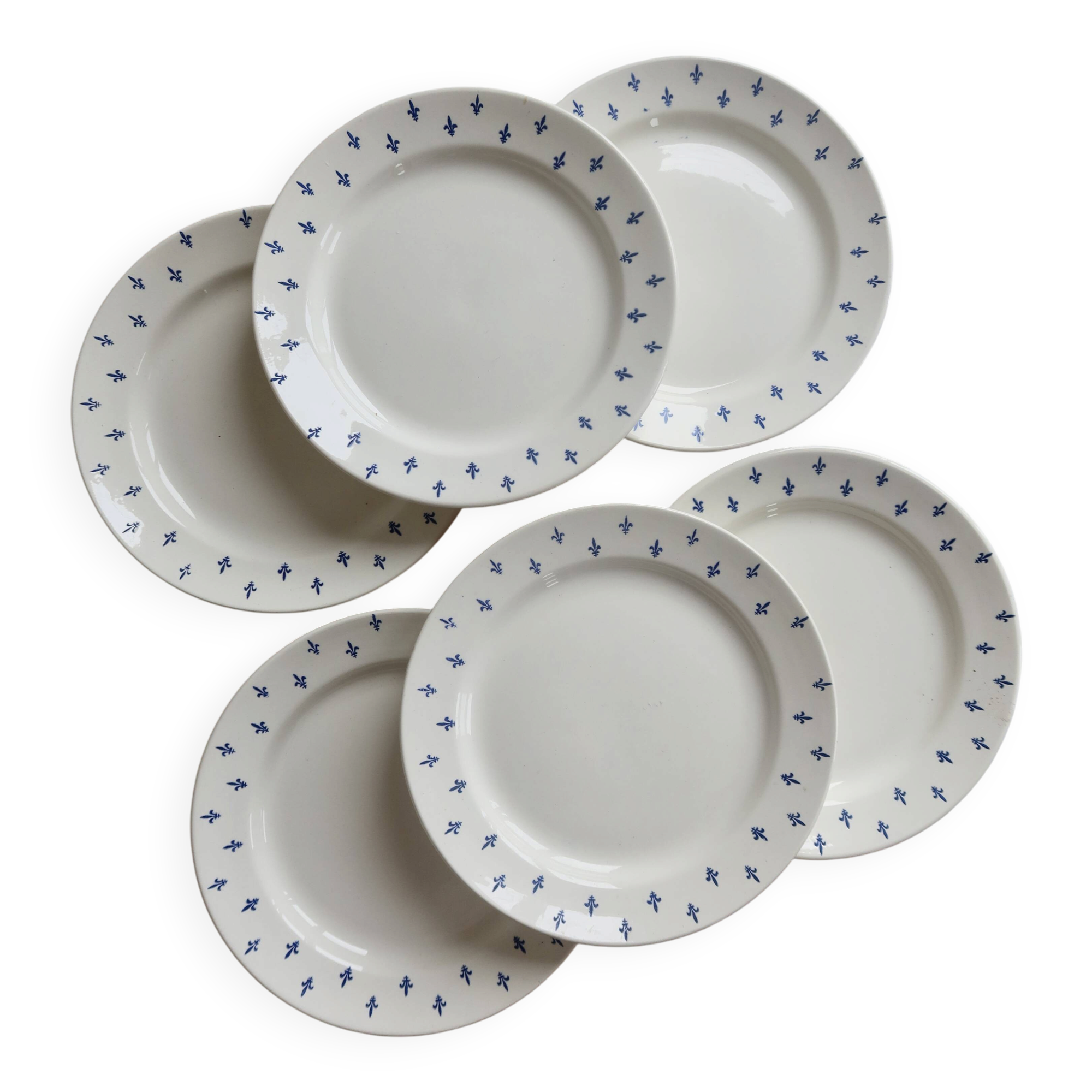 6 vintage dessert plates in white earthenware – blue fleur-de-lis decoration