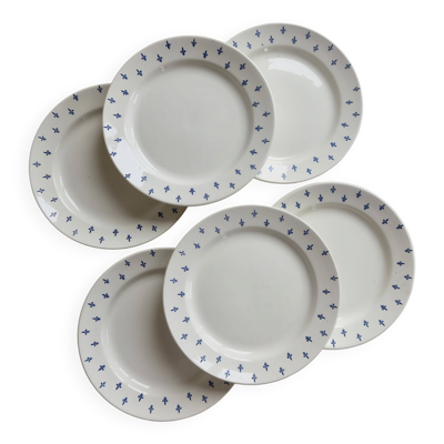 6 assiettes à dessert vintage en faïence blanche – décor fleurs de lys bleu