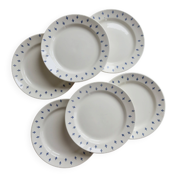 6 vintage dessert plates in white earthenware – blue fleur-de-lis decoration
