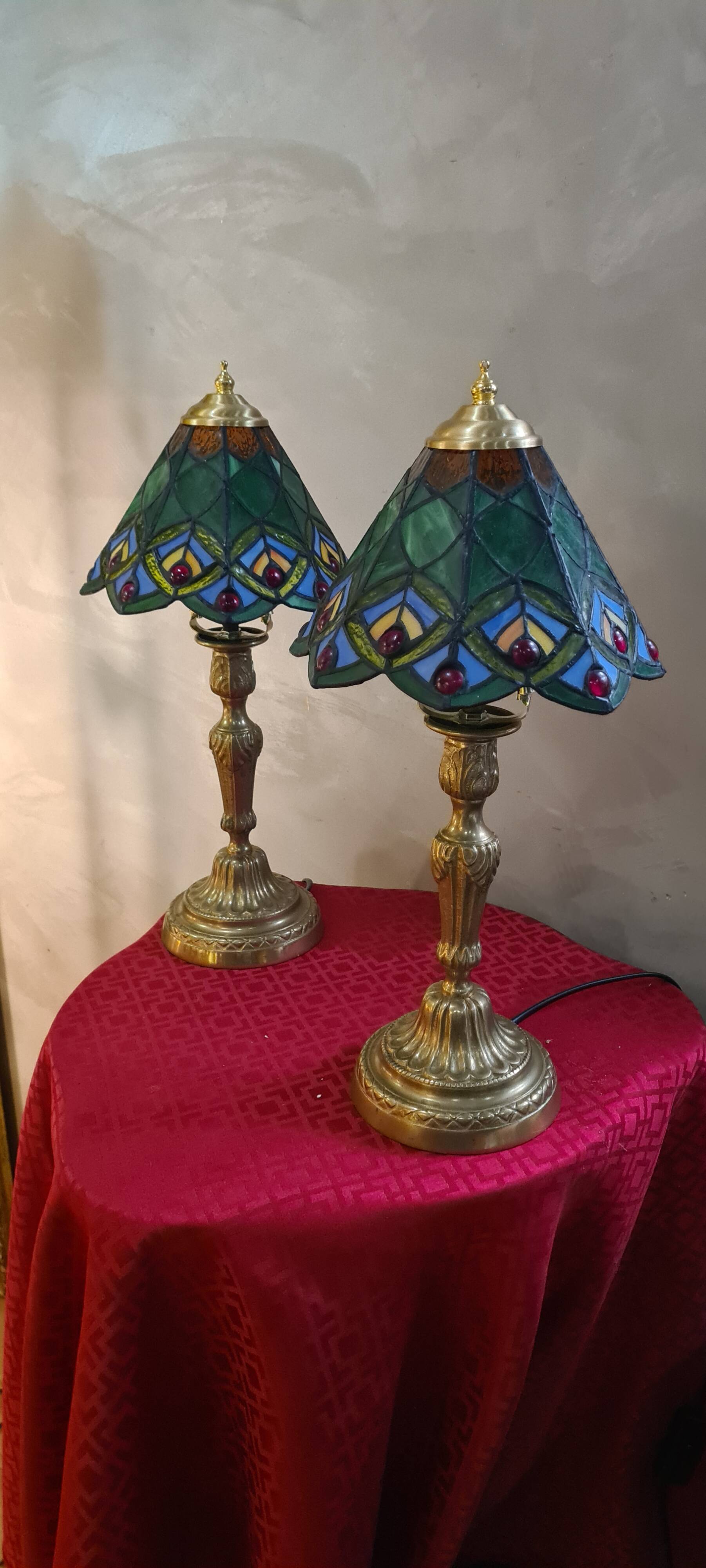 Pair of antique bronze lamps, glass lampshades, 44x21, stained glass, Tiffany style.