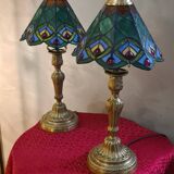 Pair of antique bronze lamps, glass lampshades, 44x21, stained glass, Tiffany style.