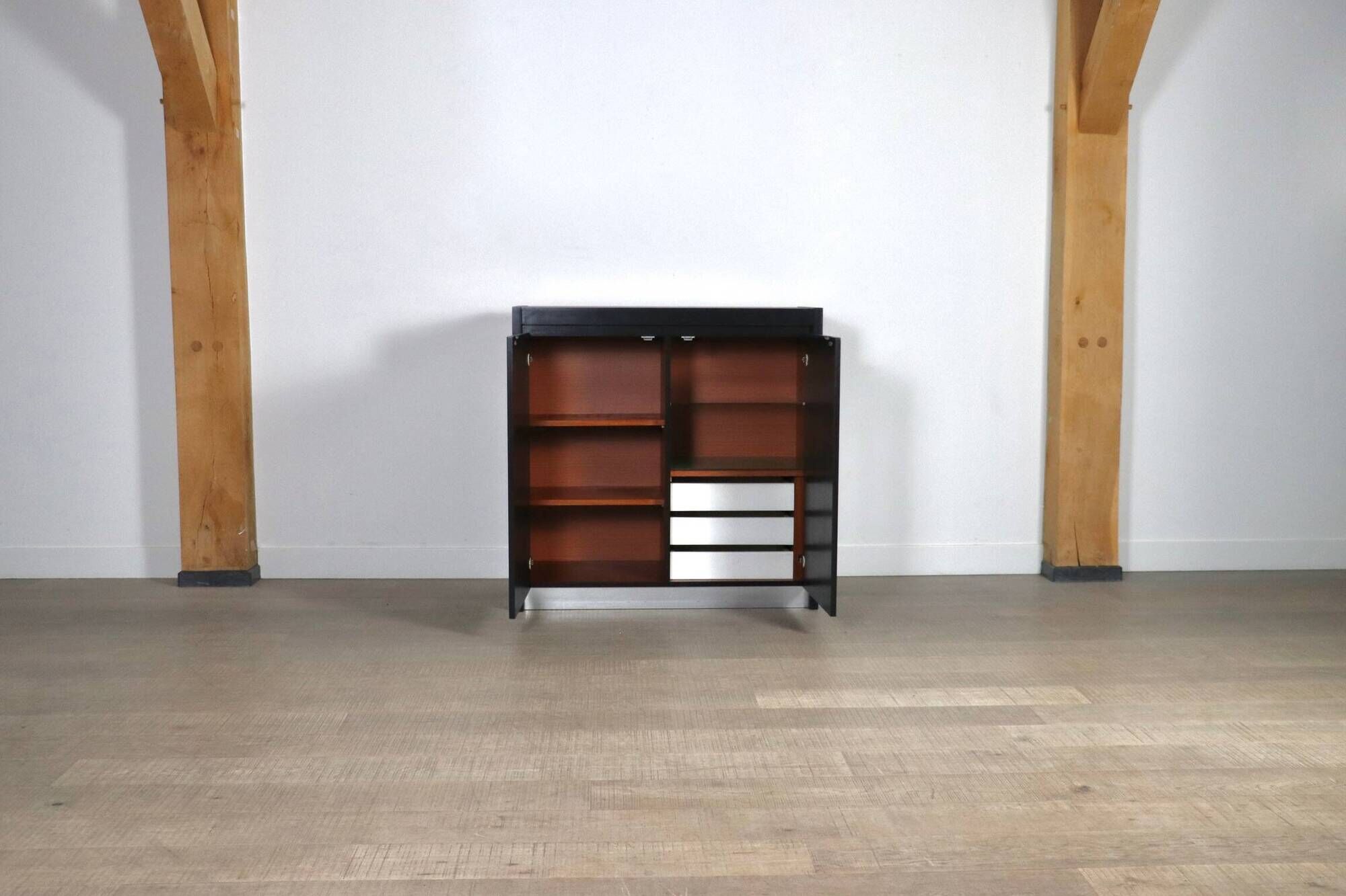 Midcentury Modern Brutalist Highboard Bar Cabinet In Black Lacquered Wood And Chrome, Belgium 1970s