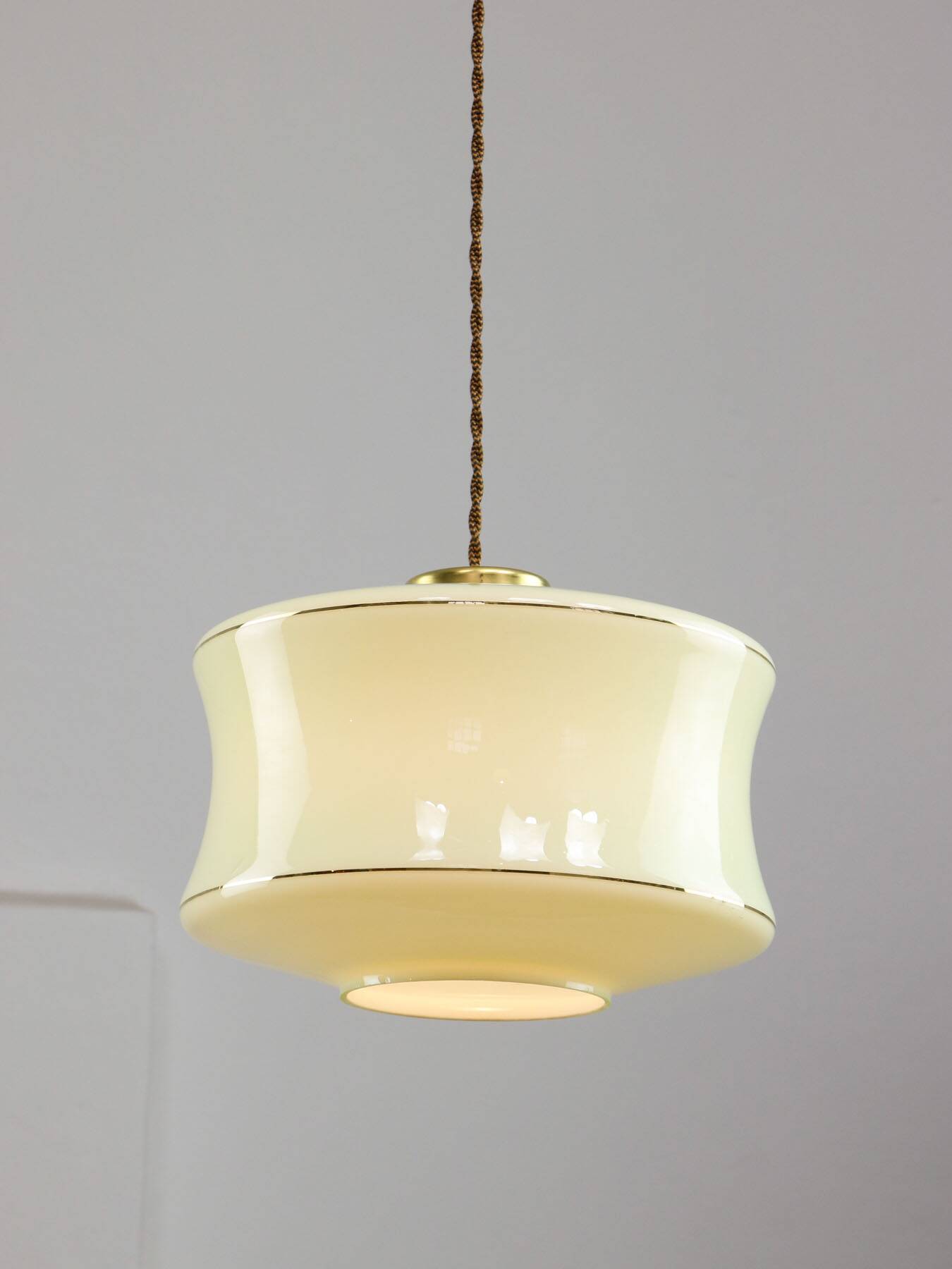 Mid-Century Italian Brass and Green Glass Pendant Lamp