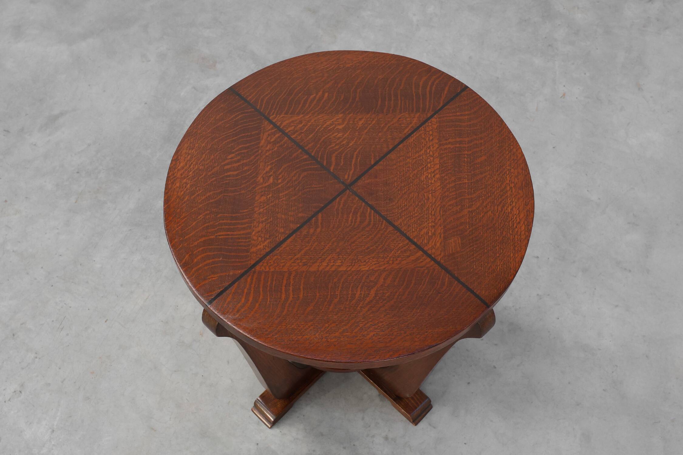 Art Deco Oak Side Table with Sculptural Base and Geometric Top, Belgium ca.