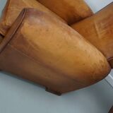 Paire de fauteuils club vintage en cuir cognac français, lot de 2