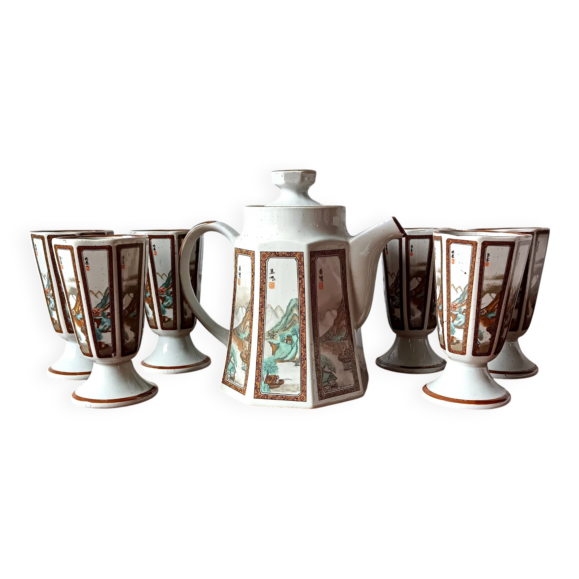 Asian ceramic tea set, mazagrans and teapot with landscape motif