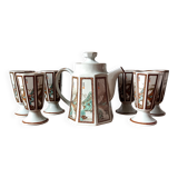 Asian ceramic tea set, mazagrans and teapot with landscape motif