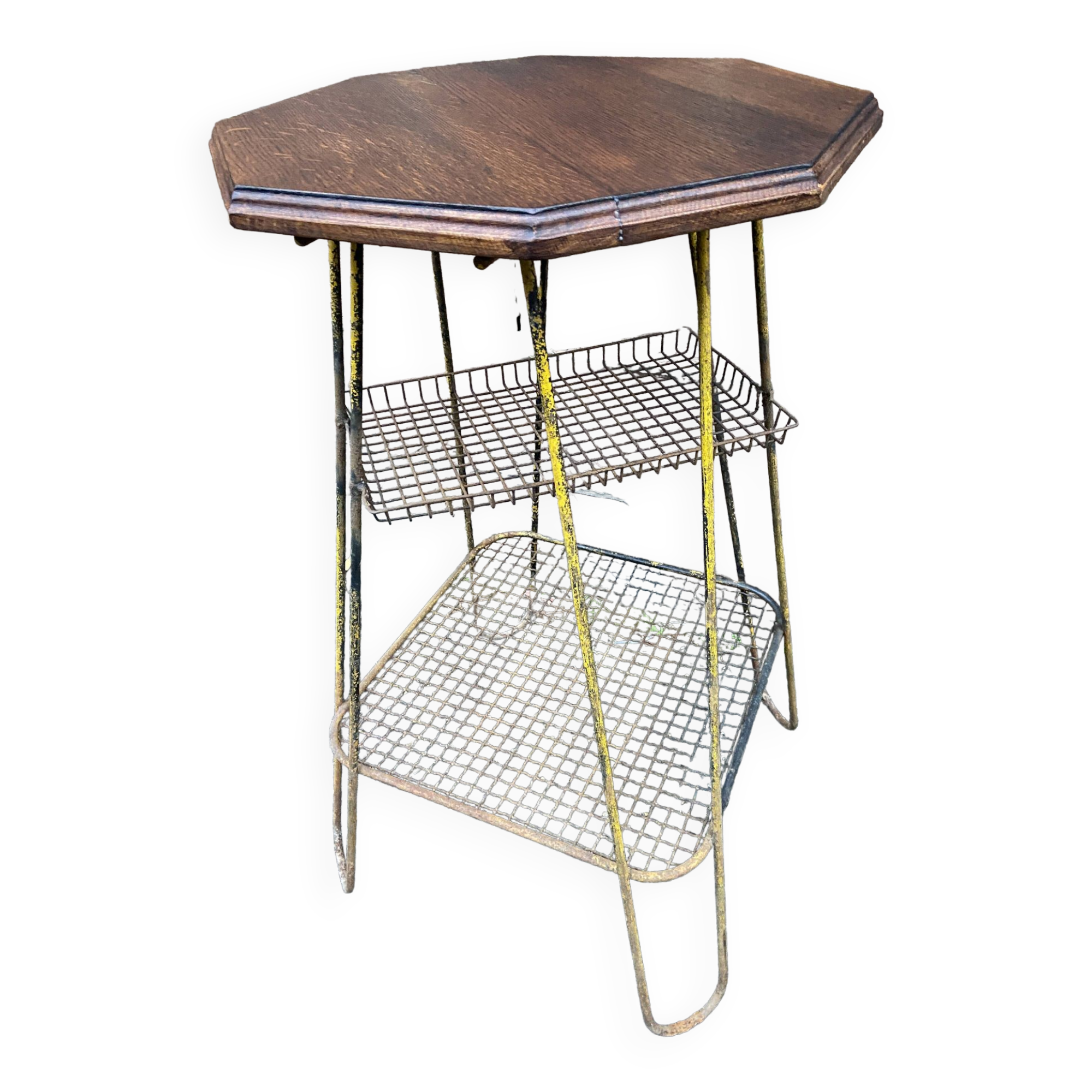Vintage industrial harness serving hexagonal commercial console in metal & wood Vintage 1950