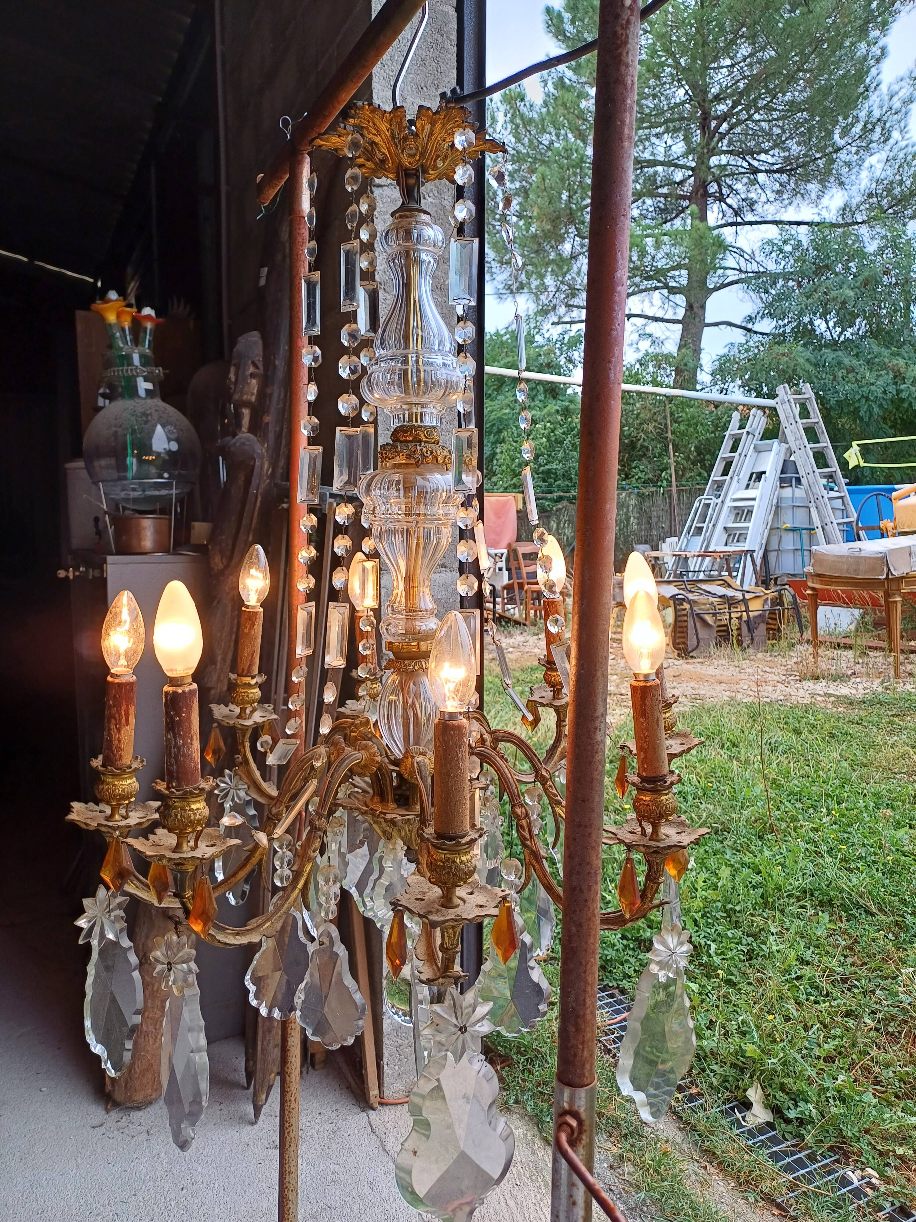 19th Bronze and Crystal Chandelier