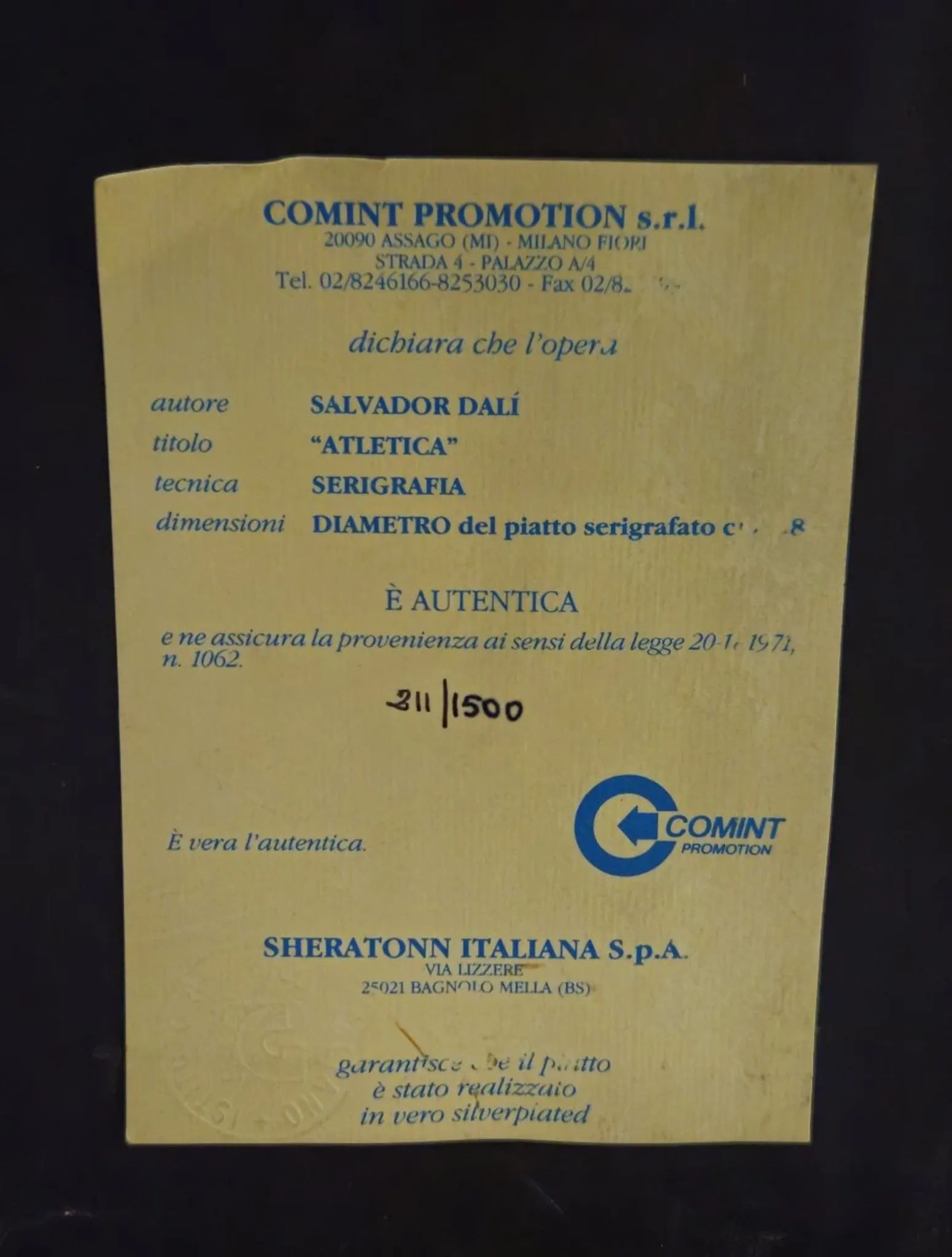 Framed screen-printed plate with certificate