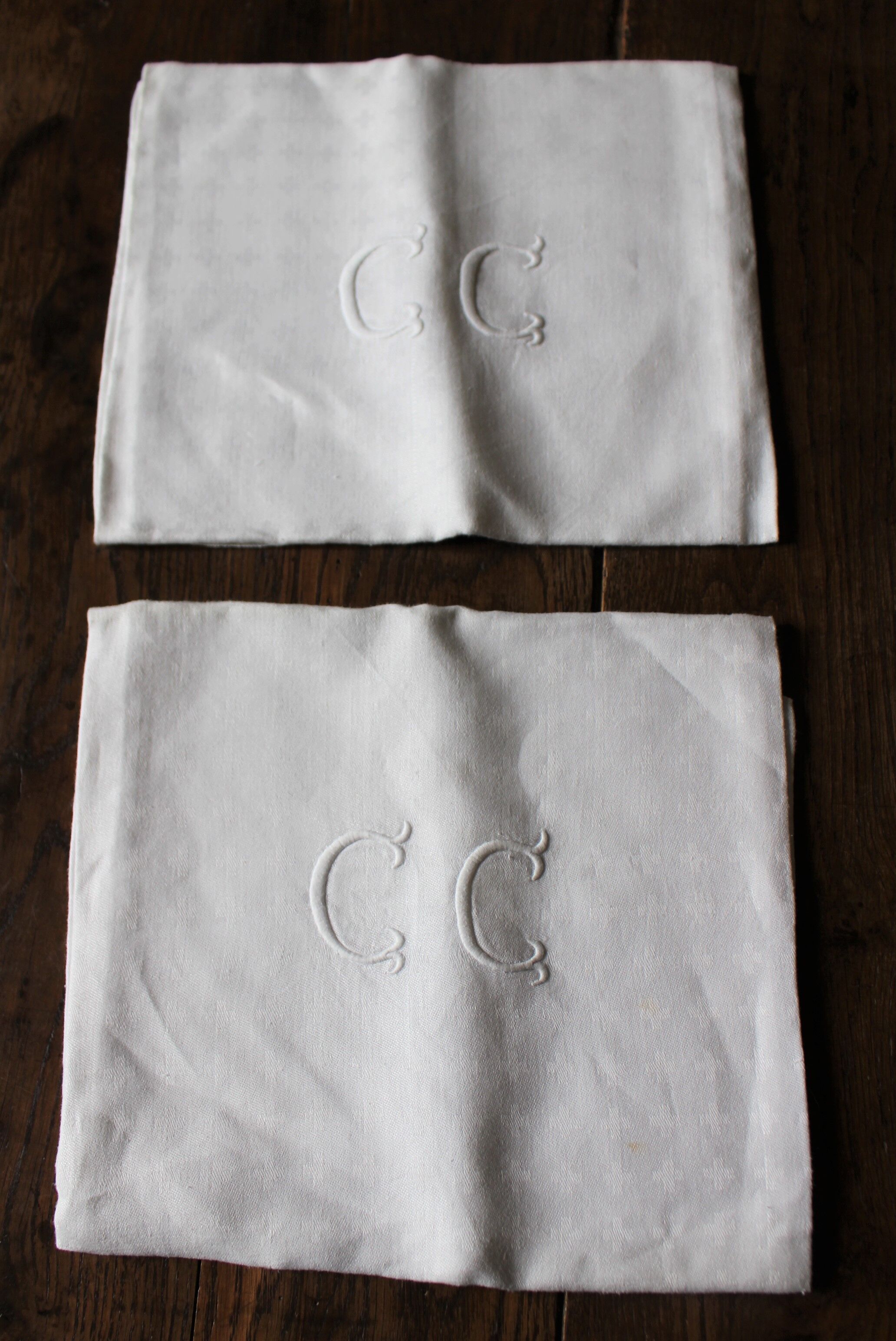 Pair Antique damask napkins white Monograms C C