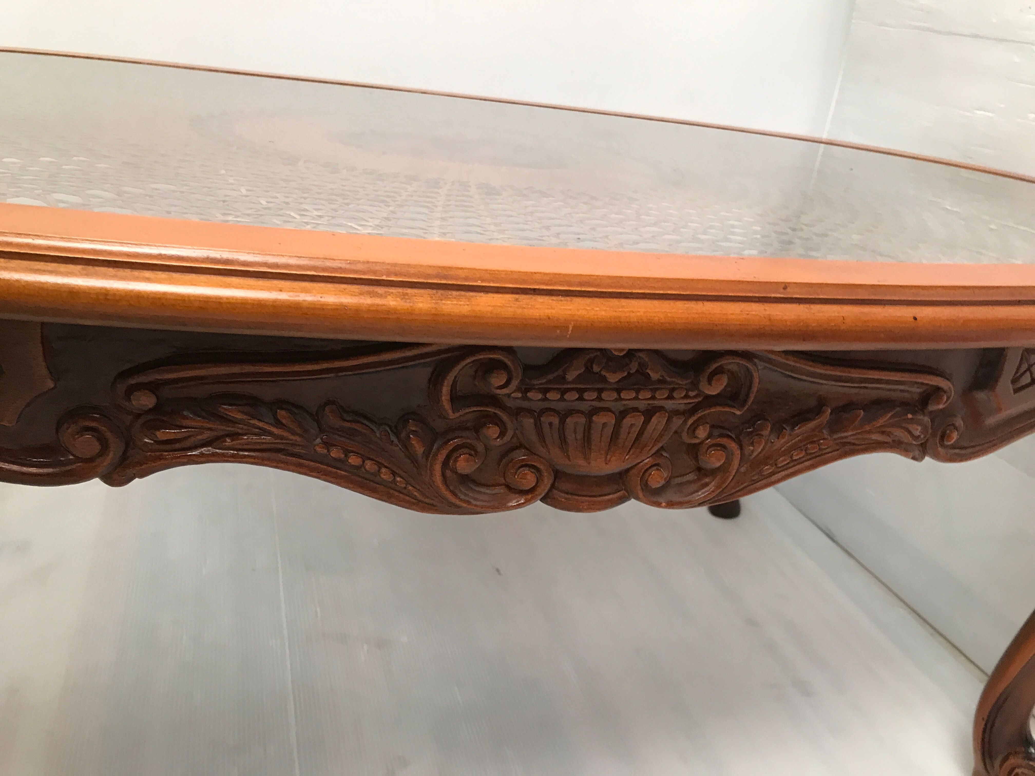 Cherry coffee table with cane top and vintage glass