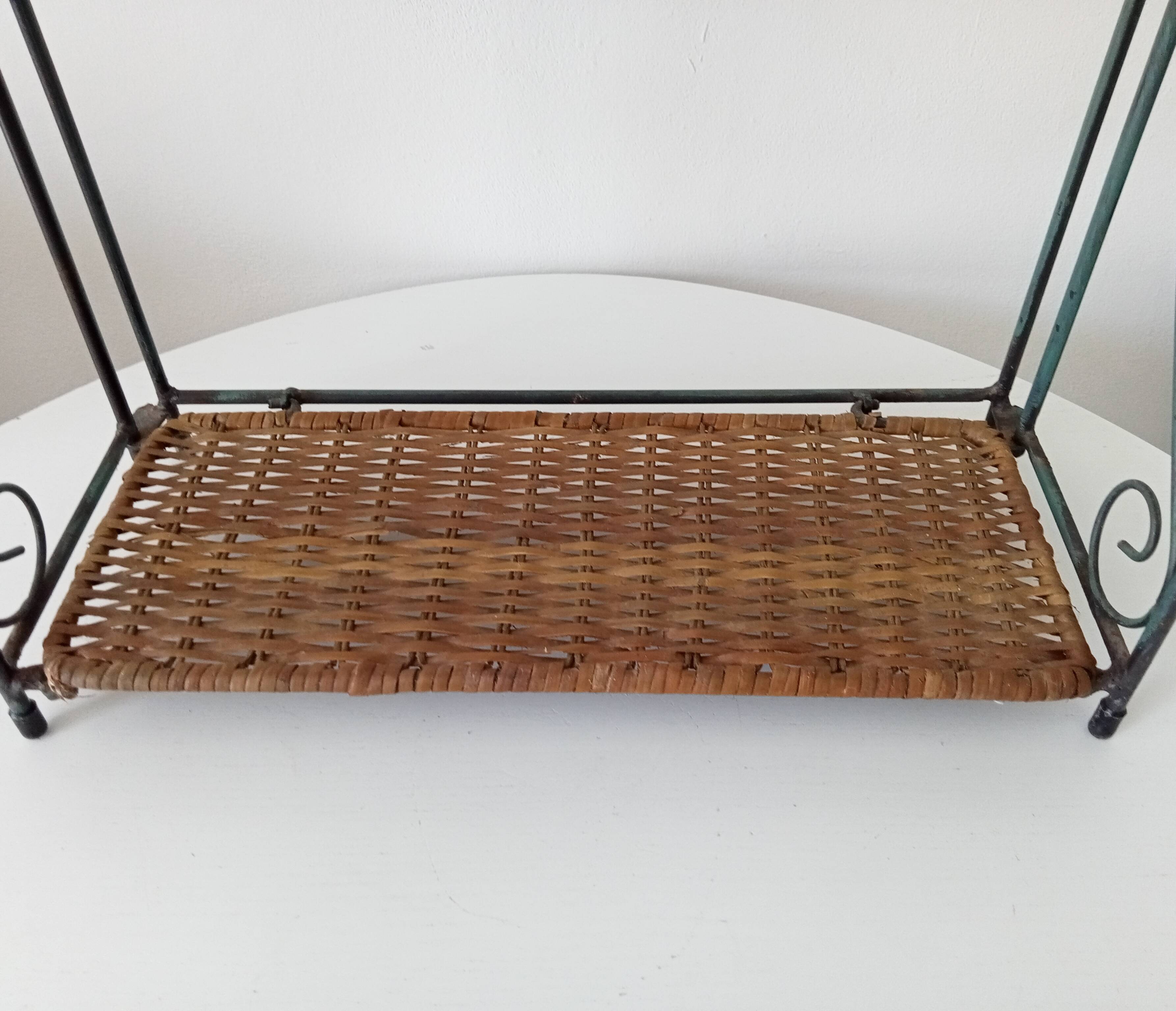 Vintage wall or table shelf in wrought iron and rattan
