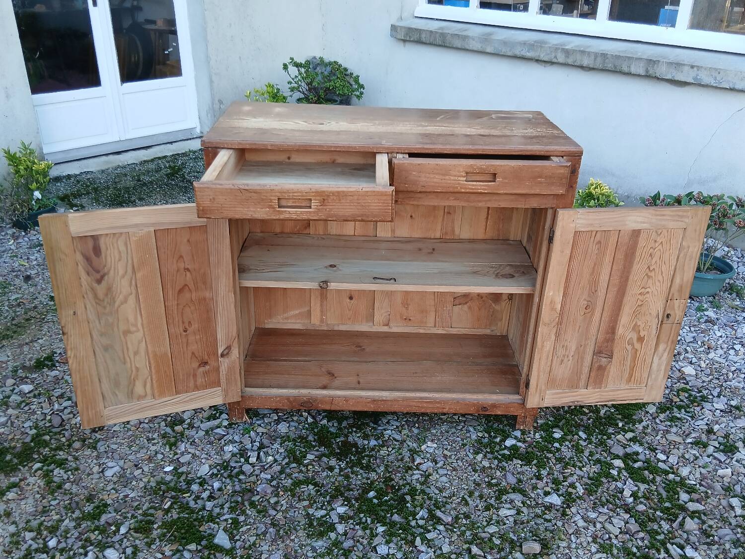 Vintage Parisian buffet in raw wood - 2 doors, 2 drawers
