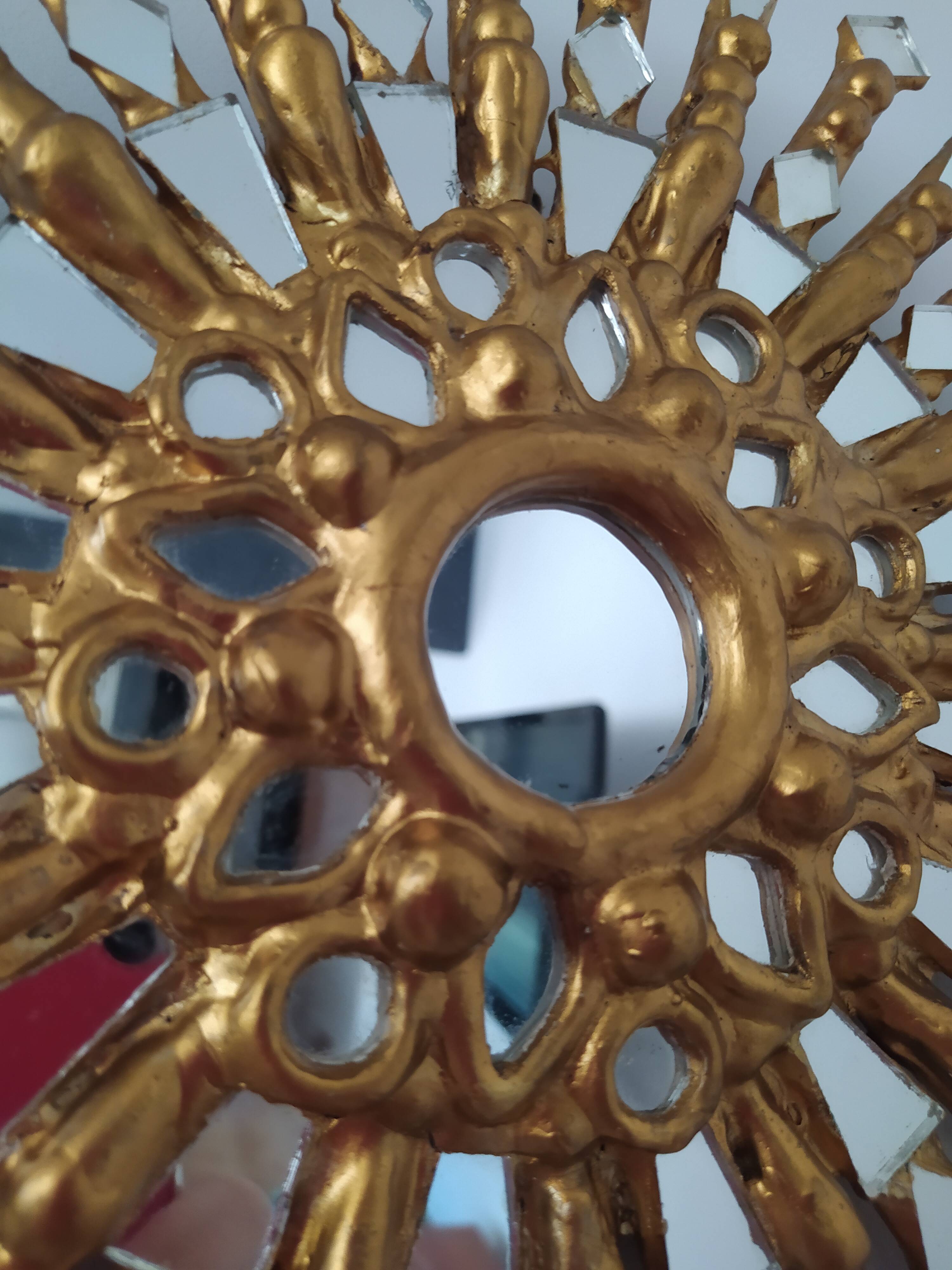 Golden wooden sun mirror 30cm