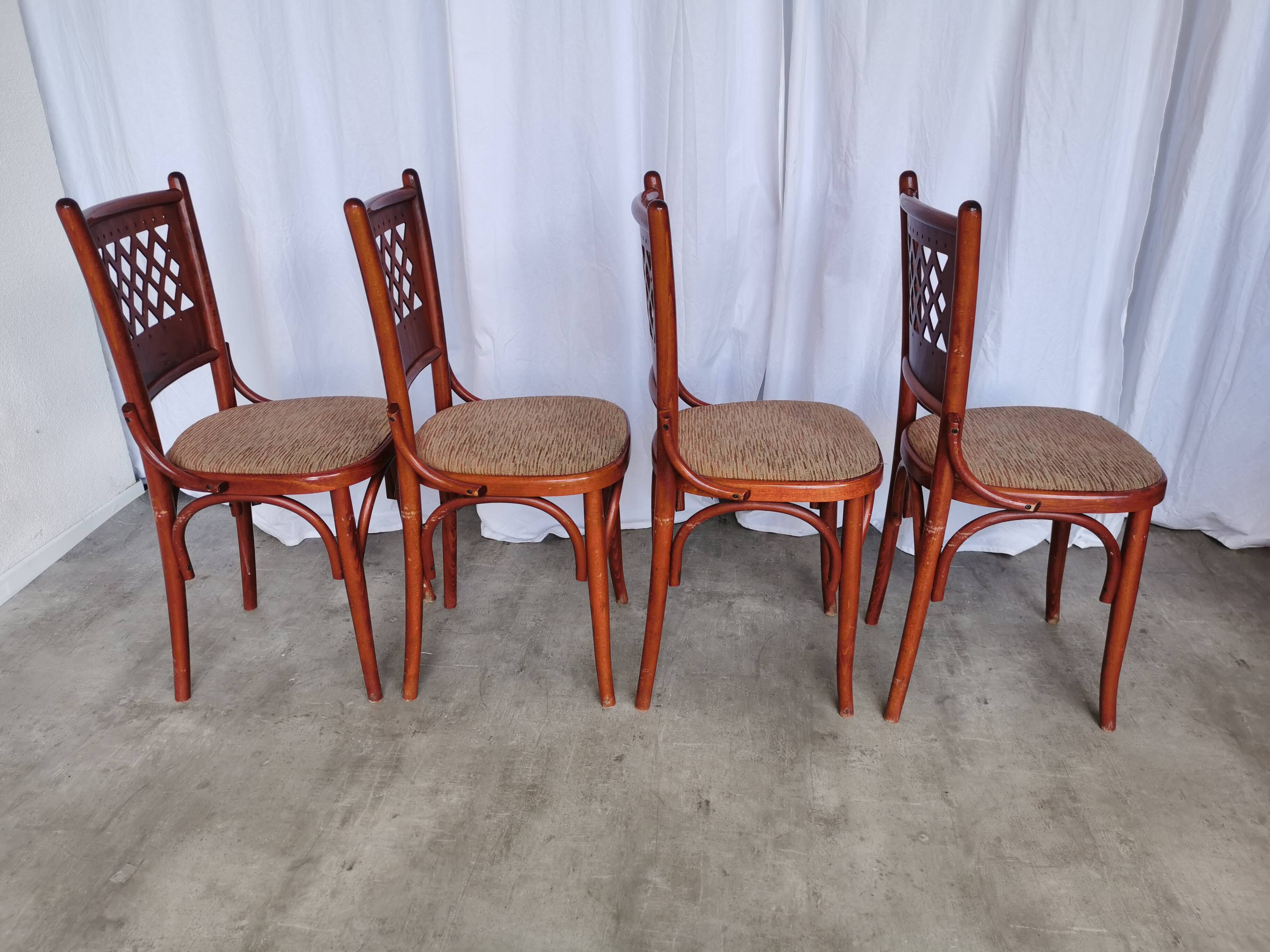 Vintage Italian Bistro Chairs - 1980s Reddish Wood, Brown Fabric - Set of 4
