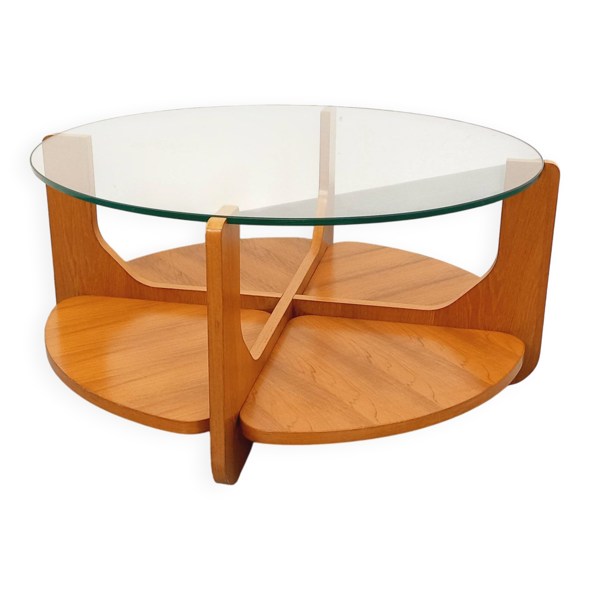Vintage round coffee table with 2 tops by Hugues Poignant, in teak and glass