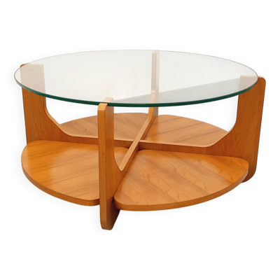 Table basse ronde à 2 plateaux vintage de Hugues Poignant, en teck et verre