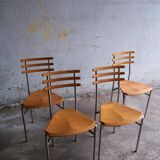 Set of 4 Zumsteg Chairs — Light Wood Seats with Grey Metal Tubular Frames, Postmodern Industrial