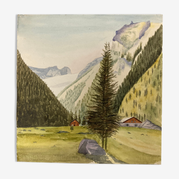 Watercolor vintage mountain landscape