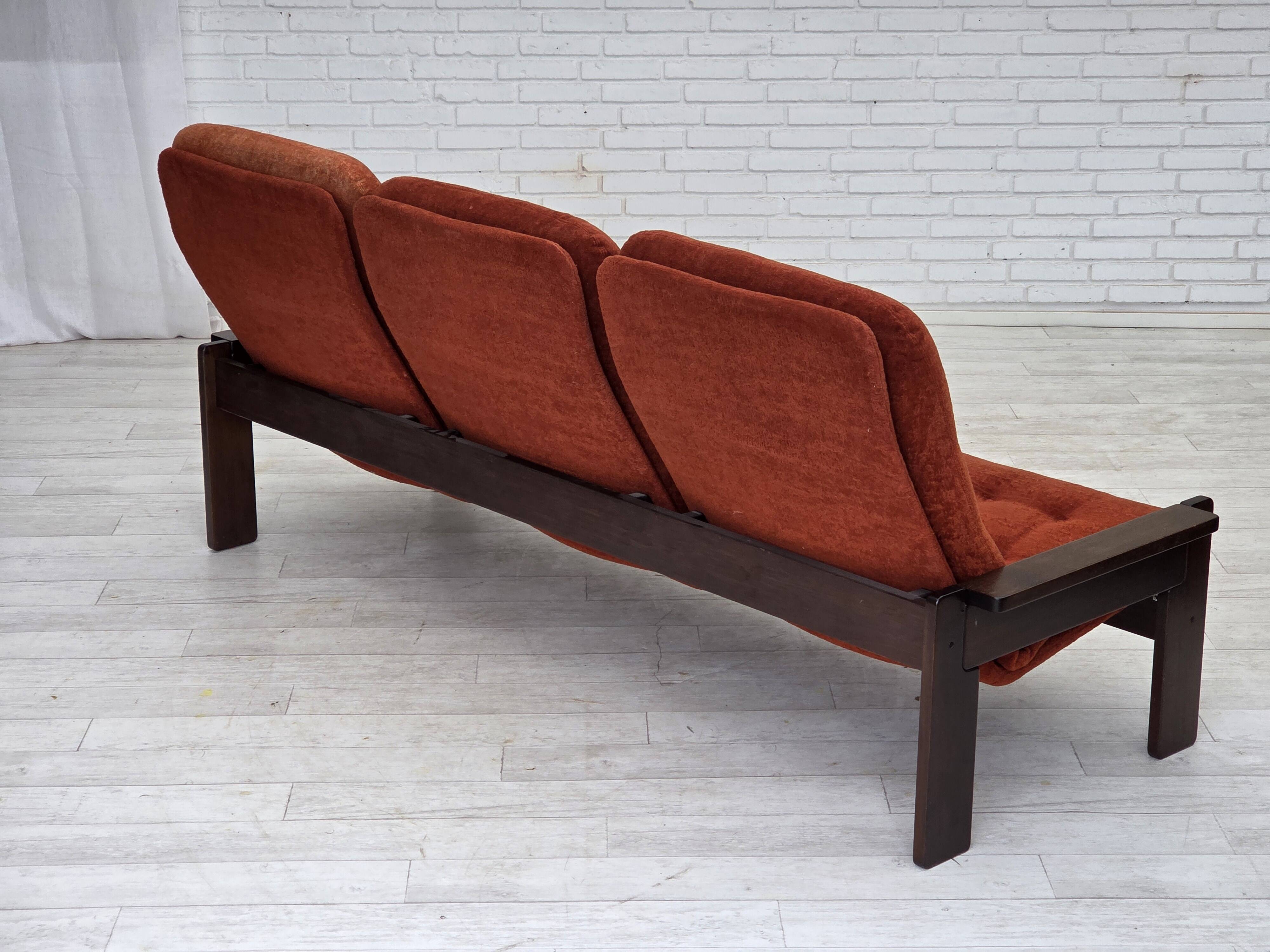 1970s, 3-seater Danish sofa, orange/red furniture velour, oak wood.
