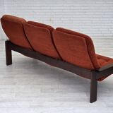 1970s, 3-seater Danish sofa, orange/red furniture velour, oak wood.
