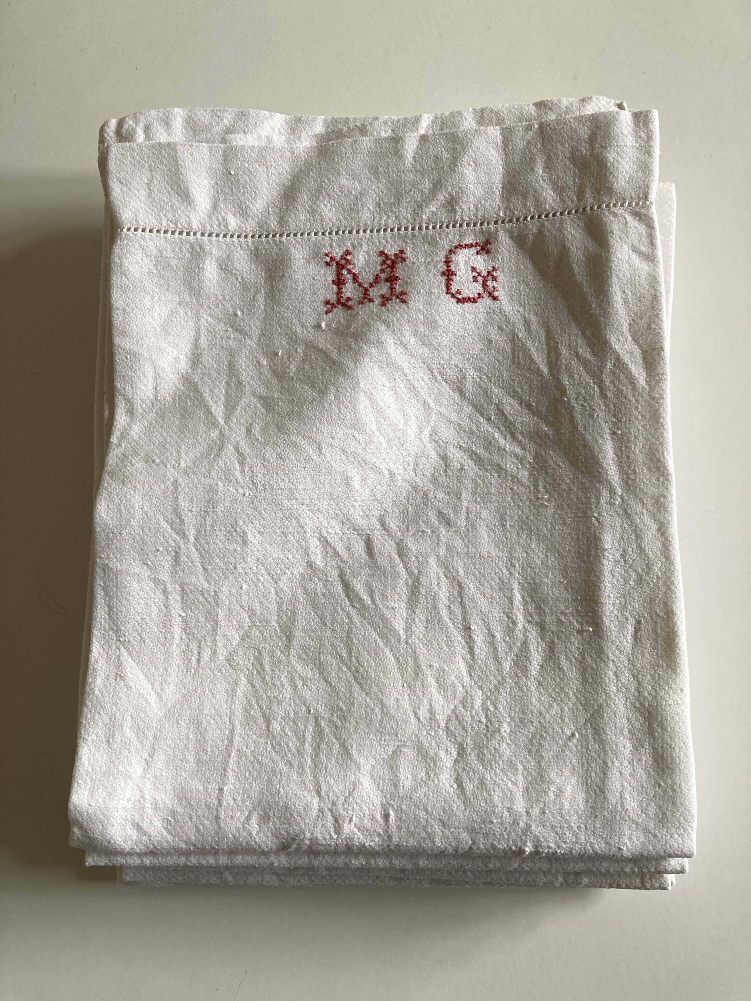 Set of 6 spare towels bathroom 1930 in linen caviar embroidered MG