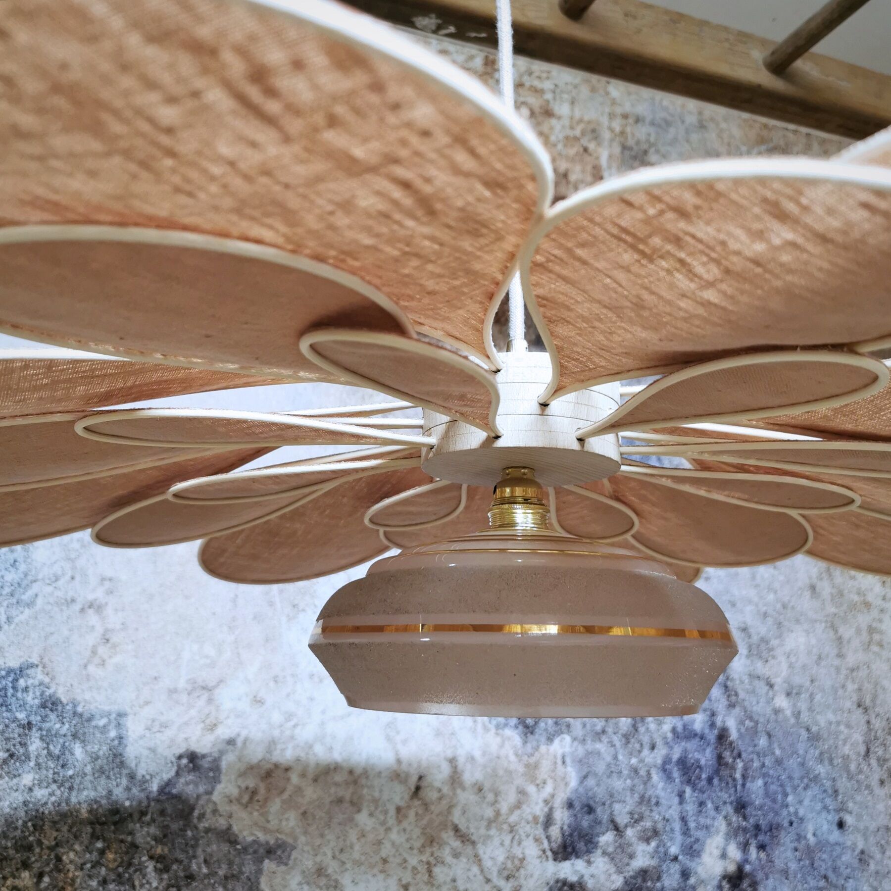 Vintage antique globe pendant lamp and linen and rattan petals