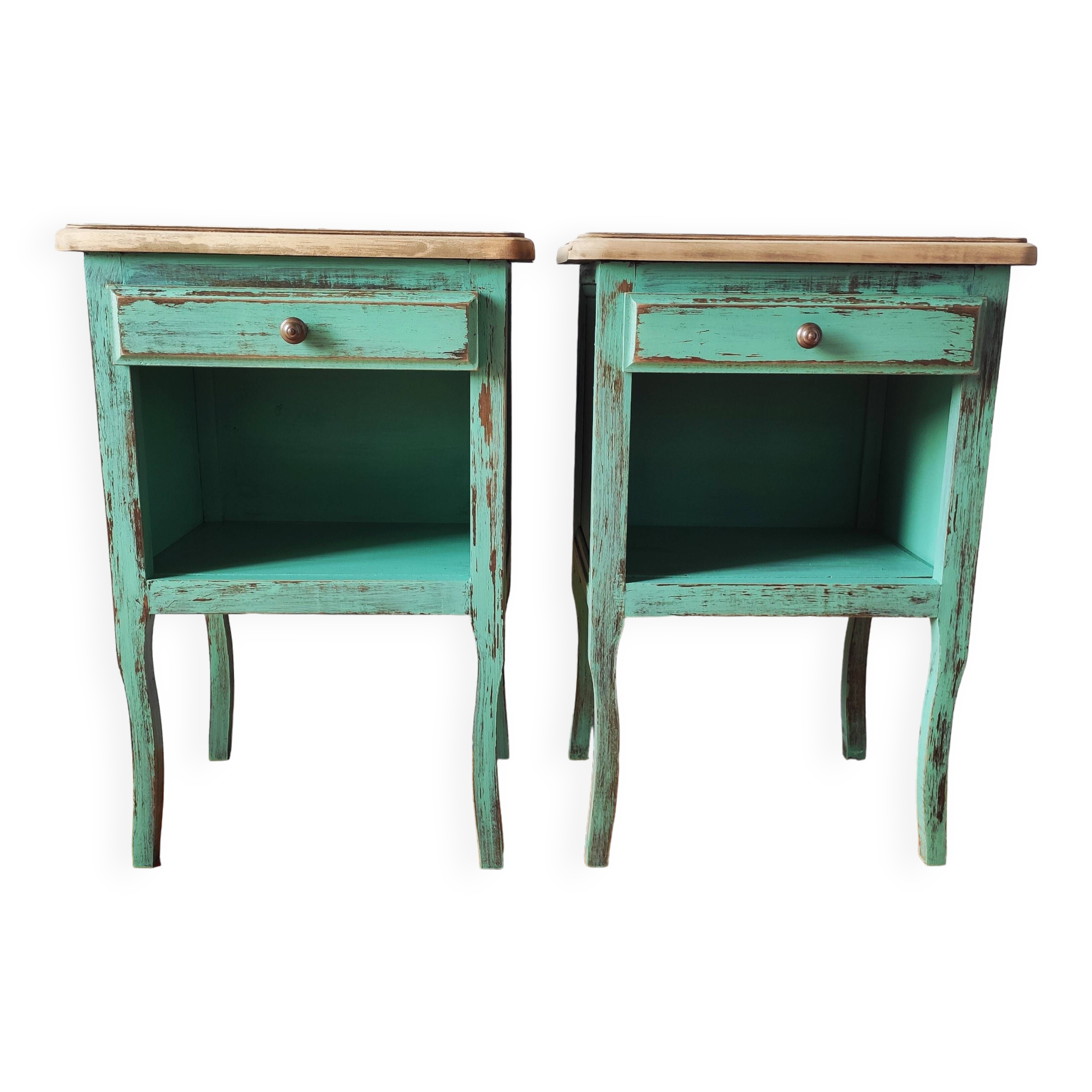 Pair of bedside tables with aged patina