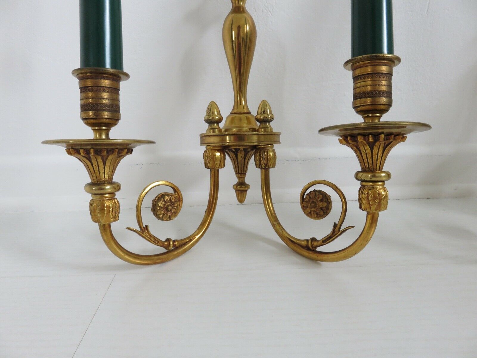 Pair of double wall lamps directoire style Lucien Gau in solid bronze gilded with bright gold