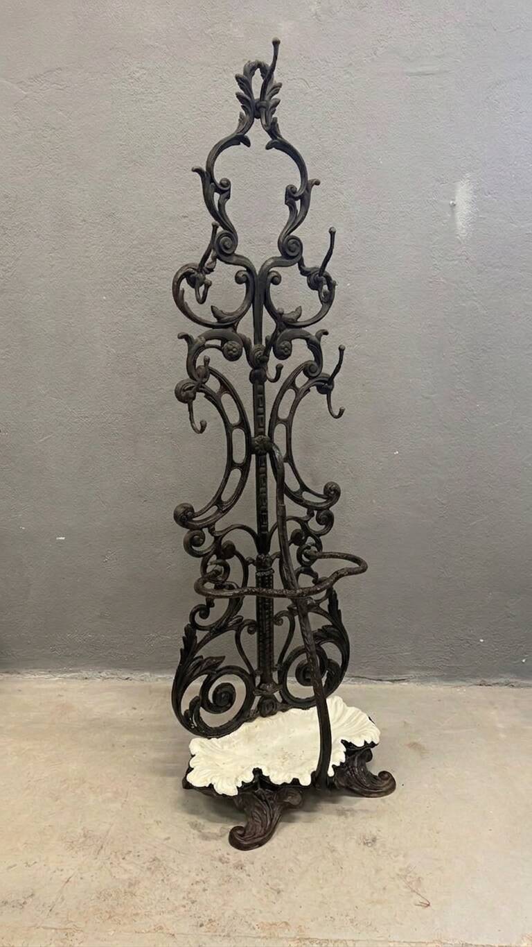 Antique cast iron hall stand, Victorian coat rack with marble base, ornate hall tree, 19th century