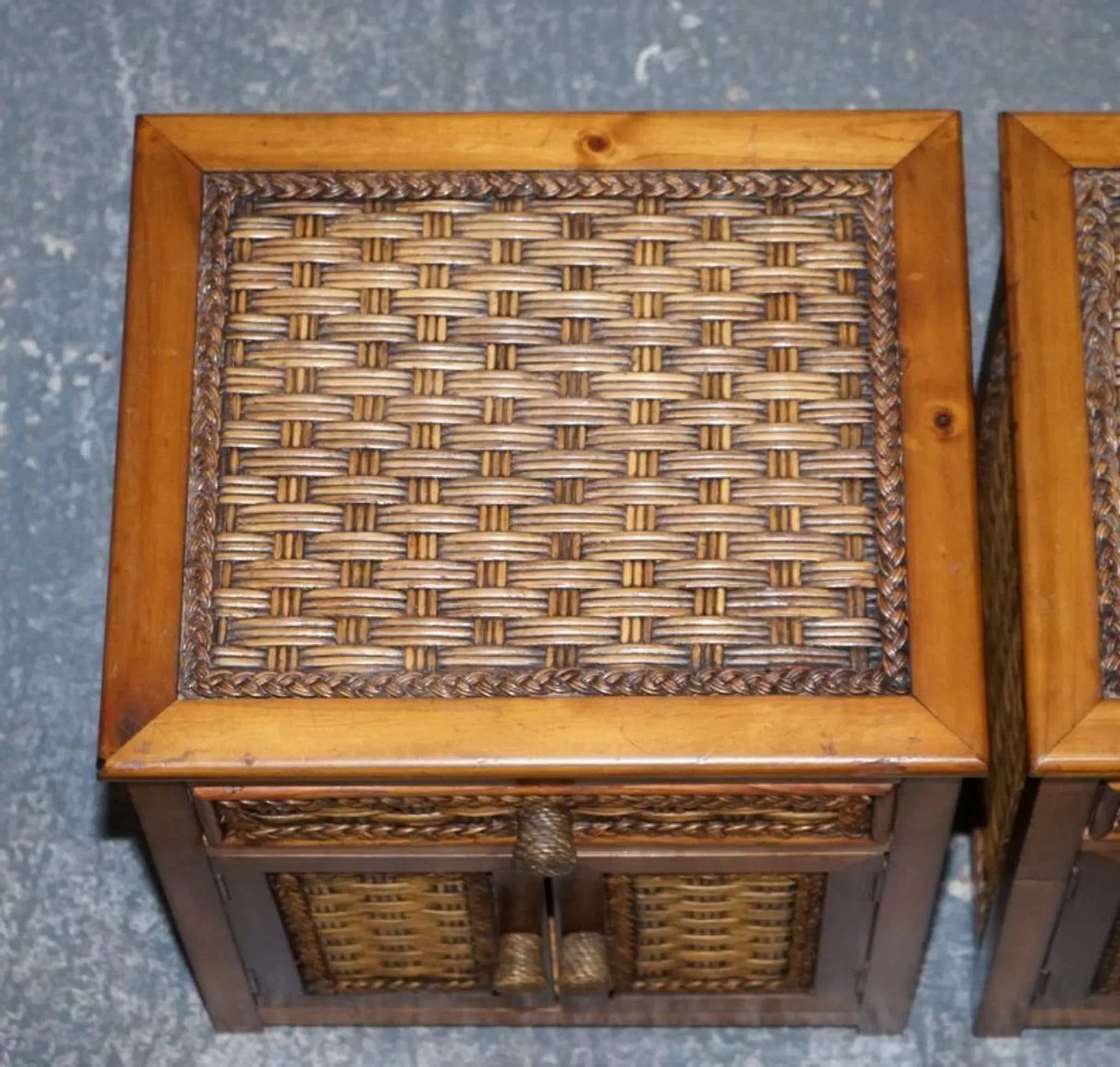 Tables de Chevet Vintage en Rotin avec Tiroir, Set de 2