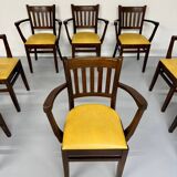 Lot de 8 anciennes chaises fauteuils de bistrot en bois et simili jaune 80’