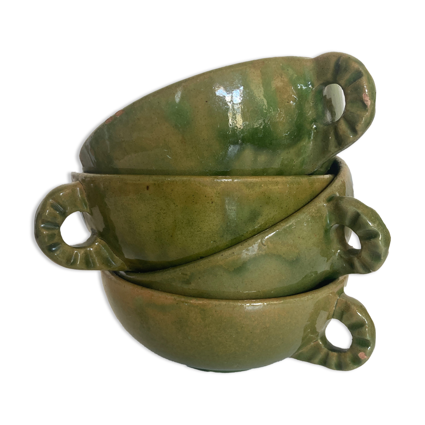 Set of 4 cups with starters or dessert in glazed earth of Biot green 1960