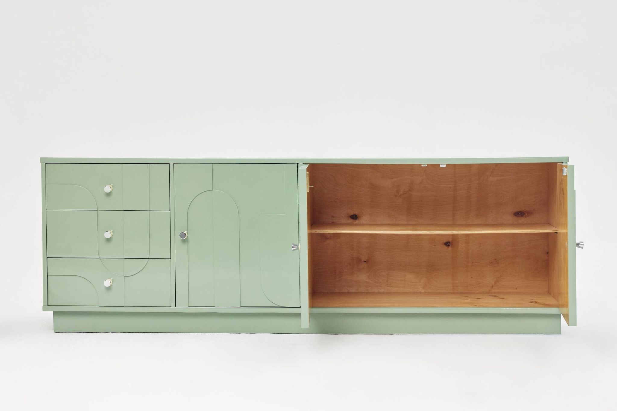 1970s Vintage Sideboard, Pastel Green, Relief, High-Gloss Finish, Chrome