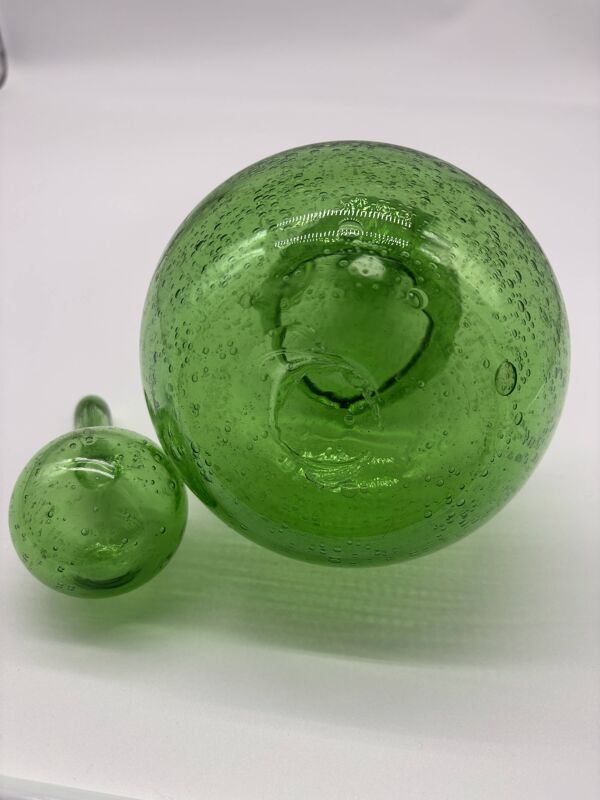 Service à liqueur Biot verre soufflé vert bullé carafe 6 verres plateau
