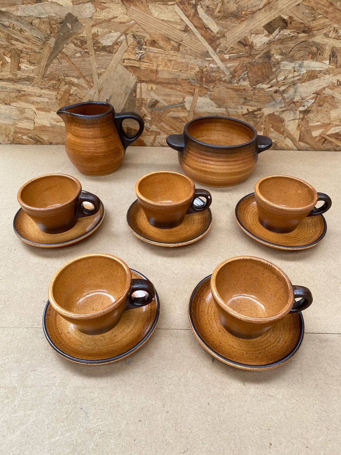 Old tea coffee service st amand meylan ceramic brown beige vintage