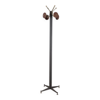 Porte-manteau de sol vintage des années 60 en métal noir et bois, design italien
