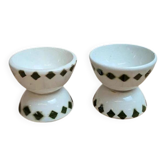 Set of 2 antique egg cups in ironstone – Diabolo shape – Green diamond pattern