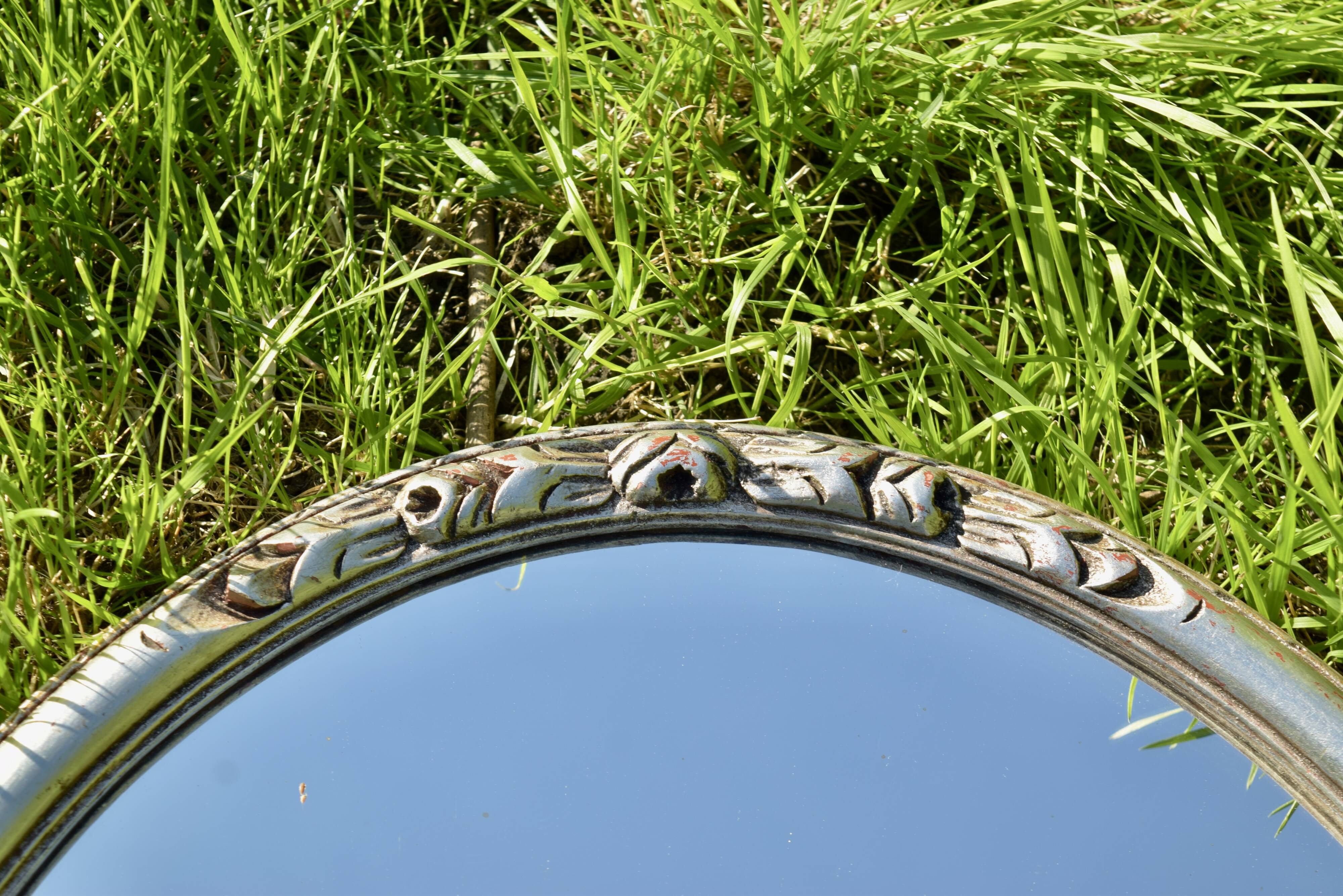Old large oval wall mirror in silver painted wood - 1950s