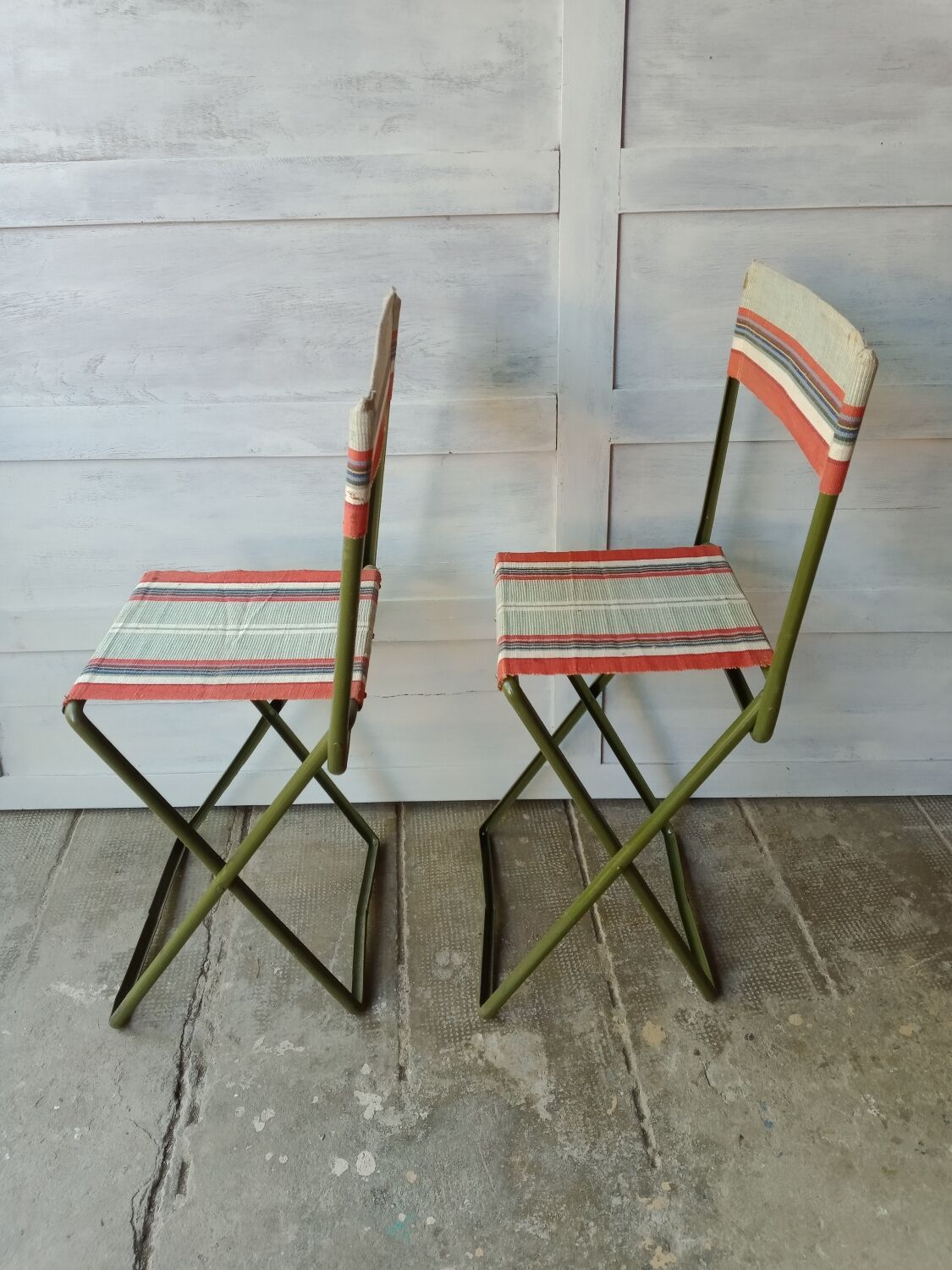 Vintage metal and canvas folding camping chairs