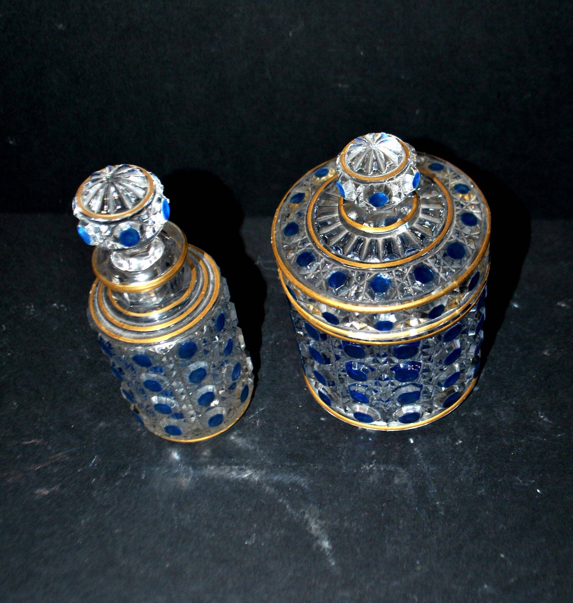 Baccarat bottle and box, antique diamond gemstones in moulded crystal, signed.