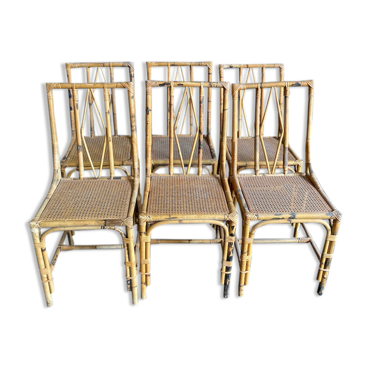 Set of 6 rattan chairs with cannate seats
