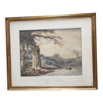 View of a Lake, 19th Century Framed Watercolor