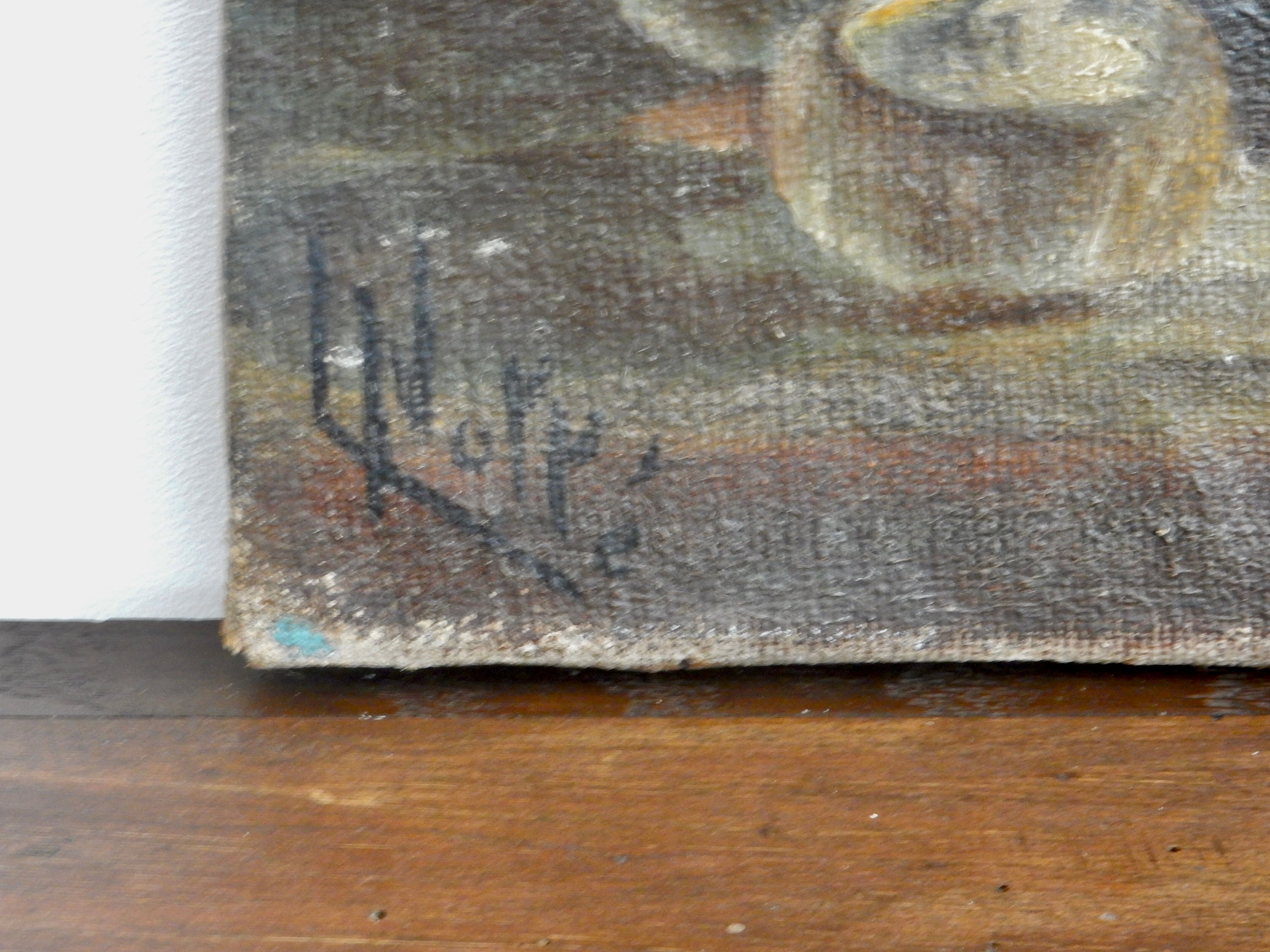 Oil on canvas still life painting lit by candlelight