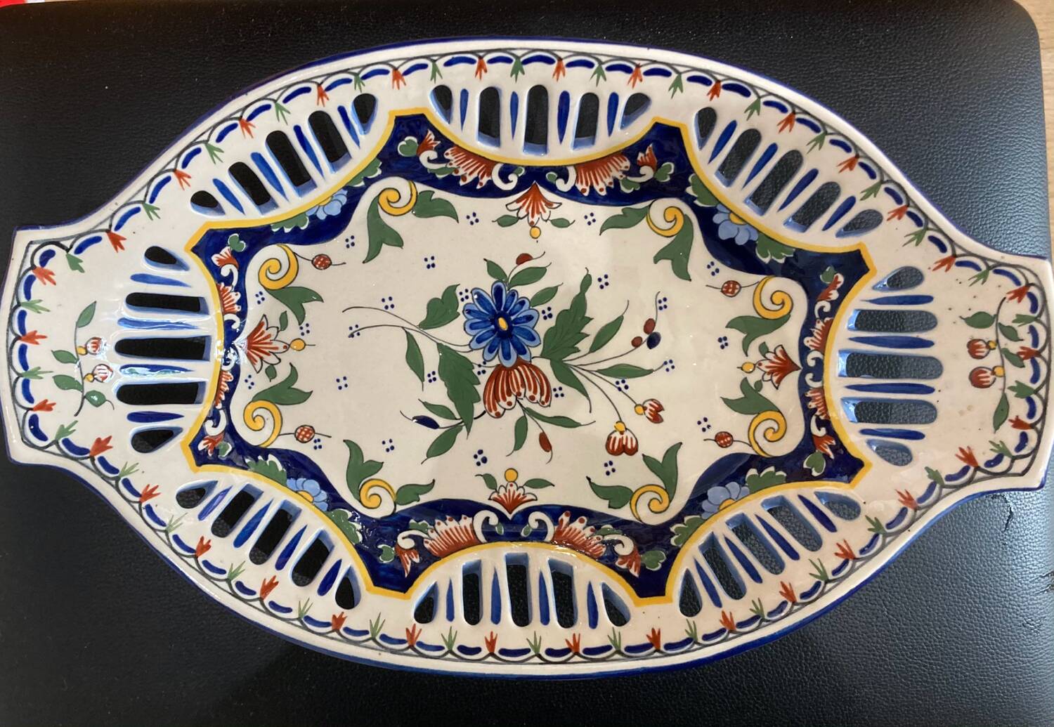 openwork fruit or bread basket in Rouen earthenware, early 20th century