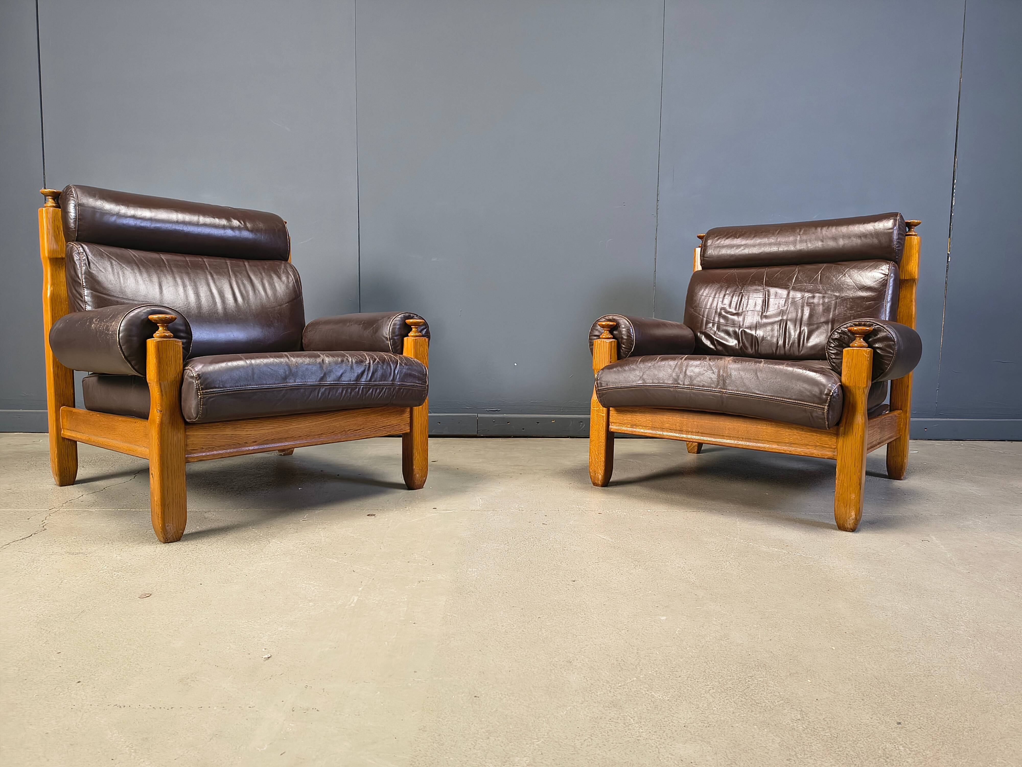 Vintage rustic brown leather and oak armchairs, 1960s - set of 2