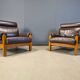 Vintage rustic brown leather and oak armchairs, 1960s - set of 2